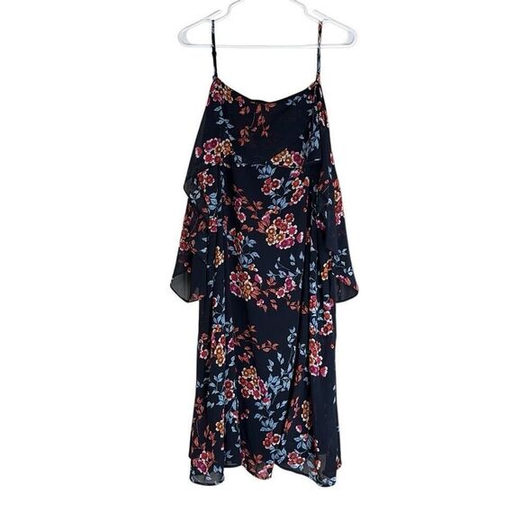 Xhiliration 3X Pink Blue Floral Cold Shoulder Ruffle Adj Strap Midi Dress Summer - Picture 1 of 10